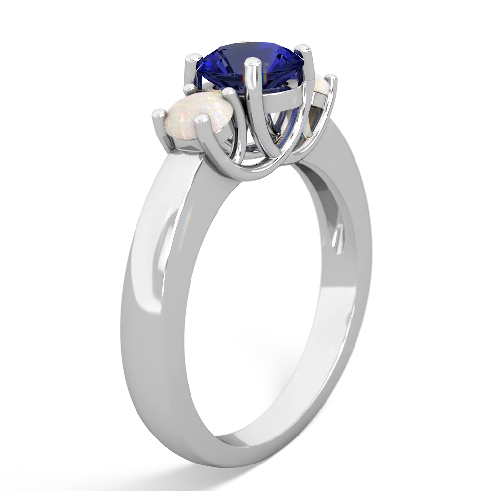 Lab Sapphire Three Stone Round Trellis 14K White Gold ring R4018