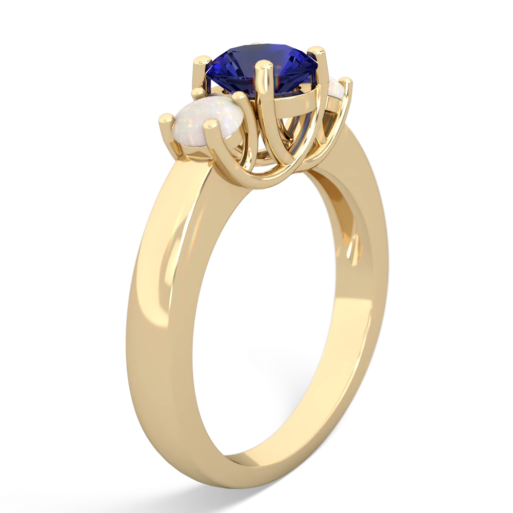 Lab Sapphire Three Stone Round Trellis 14K Yellow Gold ring R4018