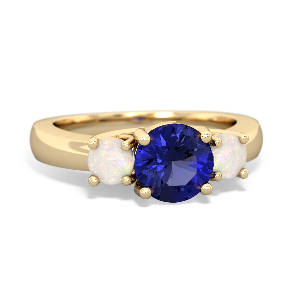 Lab Sapphire Three Stone Round Trellis 14K Yellow Gold ring R4018