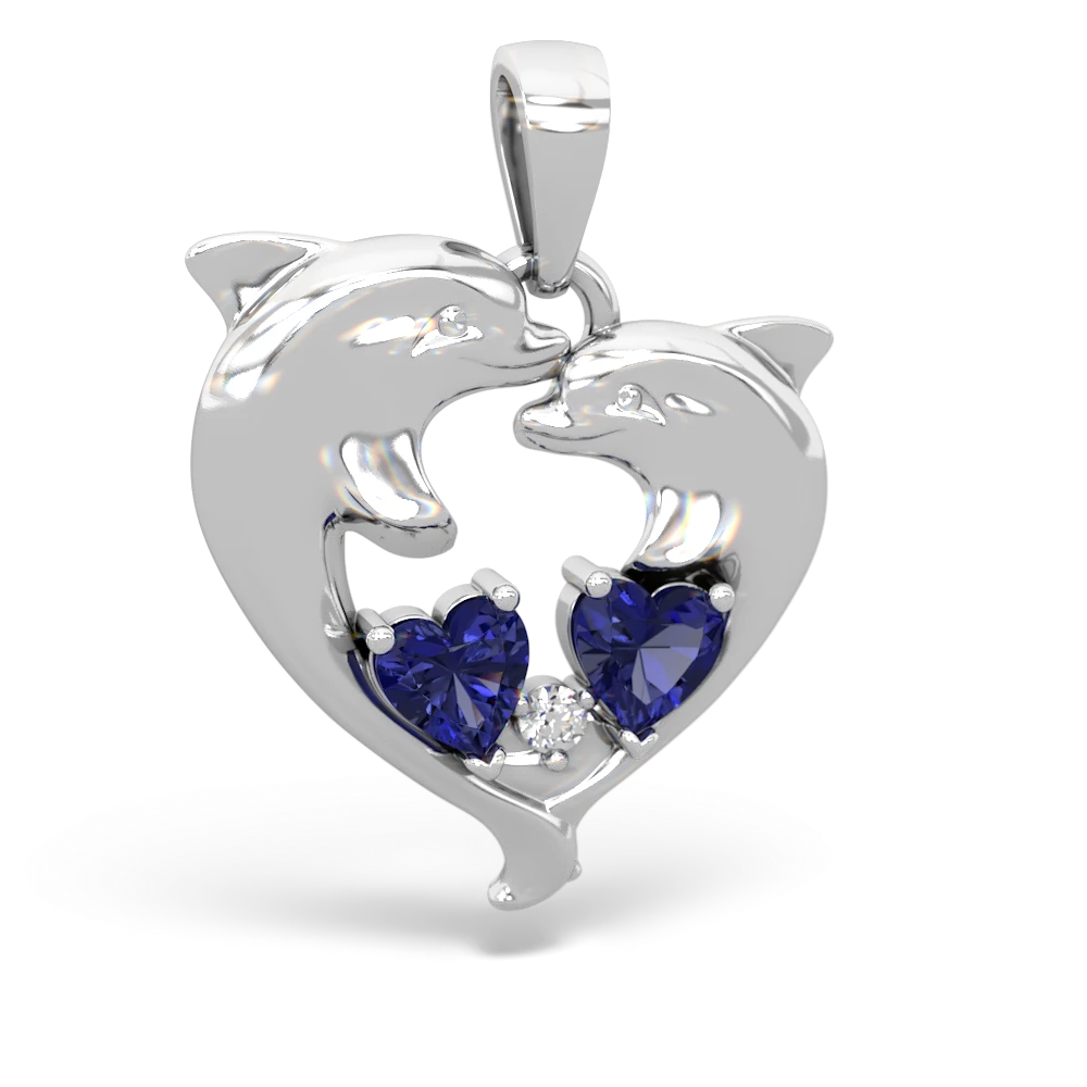 Lab Sapphire Dolphin Heart 14K White Gold pendant P5820