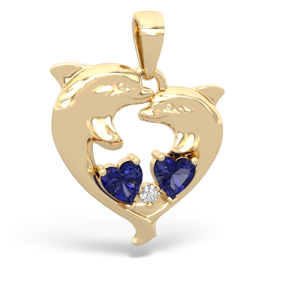 Lab Sapphire Dolphin Heart 14K Yellow Gold pendant P5820