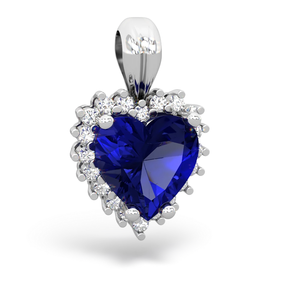 Lab Sapphire Sparkling Halo Heart 14K White Gold pendant P0391