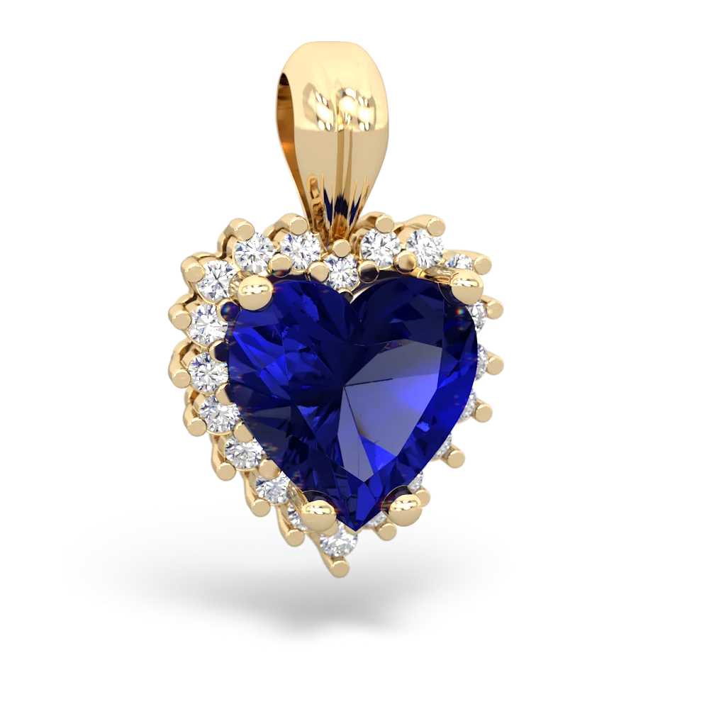 Lab Sapphire Sparkling Halo Heart 14K Yellow Gold pendant P0391