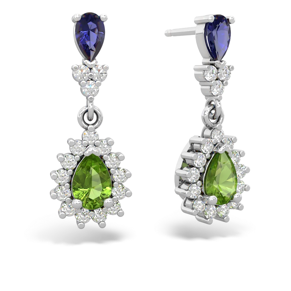 Lab Sapphire Halo Pear Dangle 14K White Gold earrings E1882