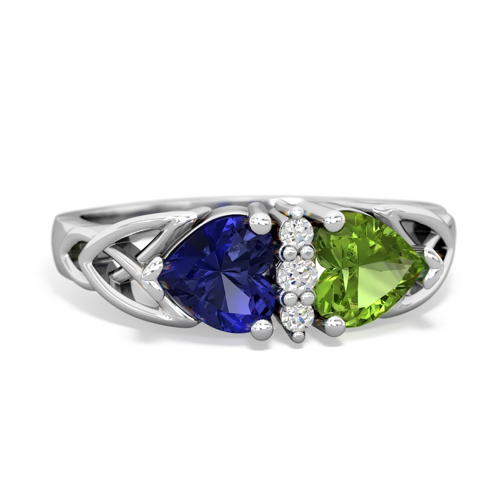 Lab Sapphire Celtic Knot Double Heart 14K White Gold ring R5040