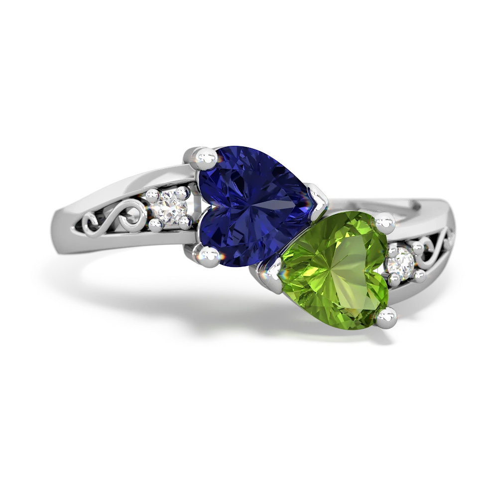 Lab Sapphire Snuggling Hearts 14K White Gold ring R2178