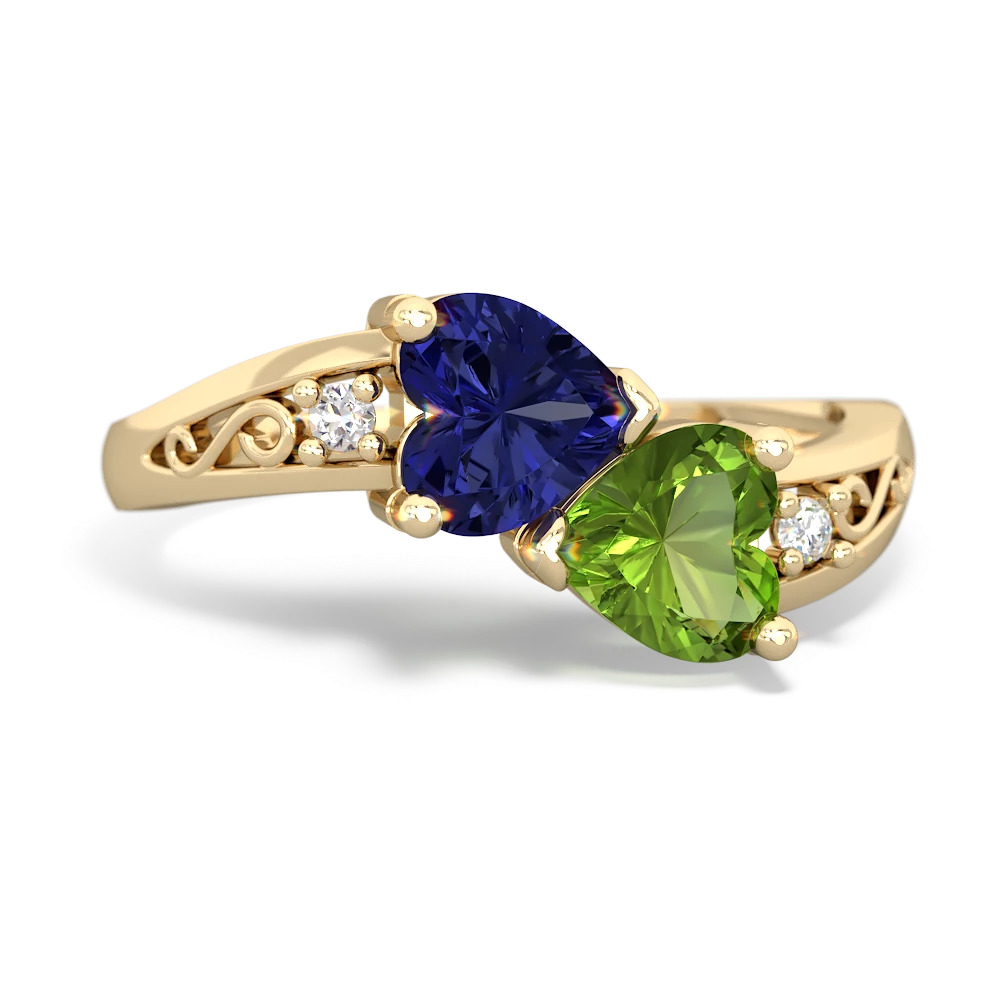 Lab Sapphire Snuggling Hearts 14K Yellow Gold ring R2178