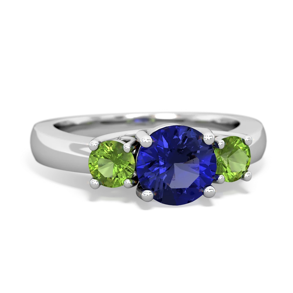 Lab Sapphire Three Stone Round Trellis 14K White Gold ring R4018