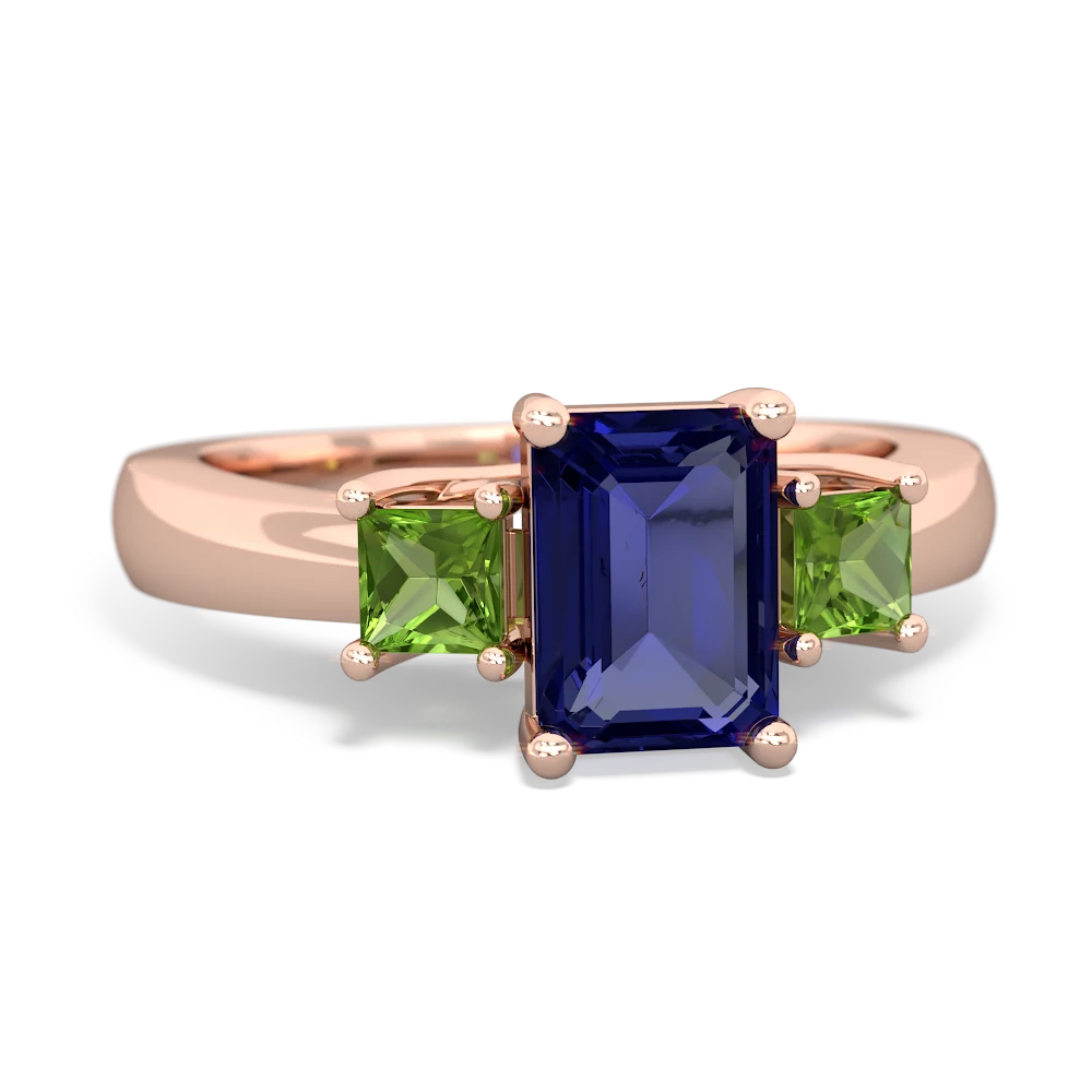 Lab Sapphire Three Stone Emerald-Cut Trellis 14K Rose Gold ring R4021