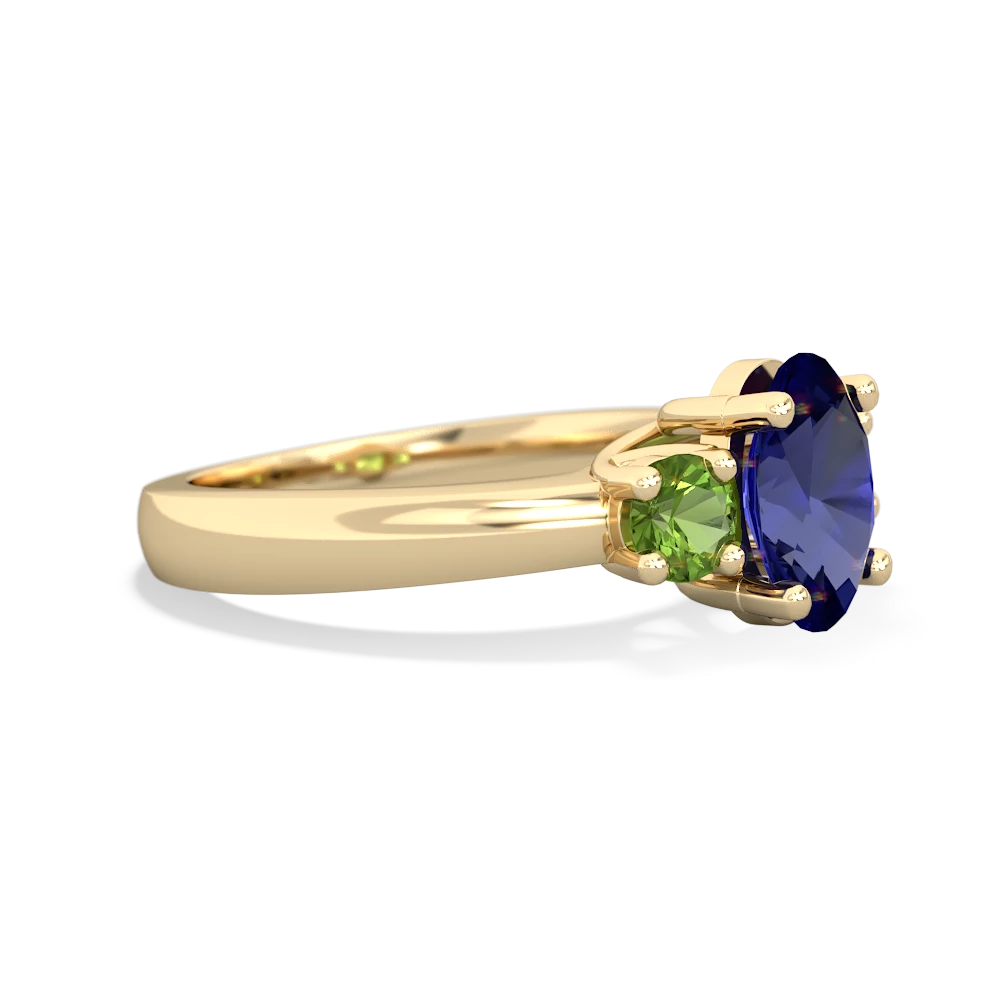 Lab Sapphire Three Stone Oval Trellis 14K Yellow Gold ring R4024