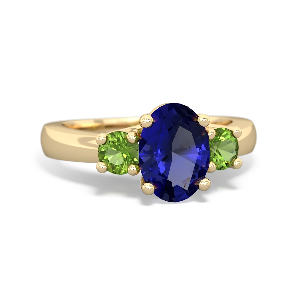 Lab Sapphire Three Stone Oval Trellis 14K Yellow Gold ring R4024