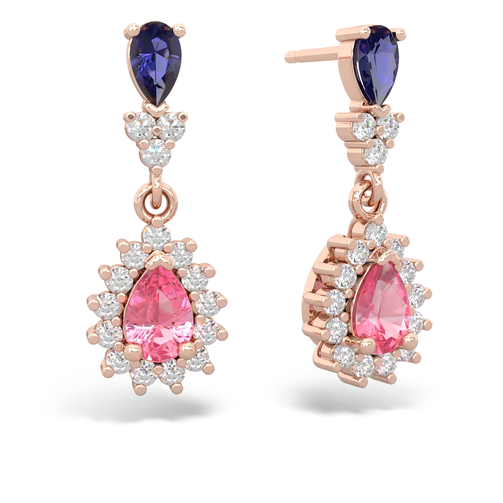 Lab Sapphire Halo Pear Dangle 14K Rose Gold earrings E1882