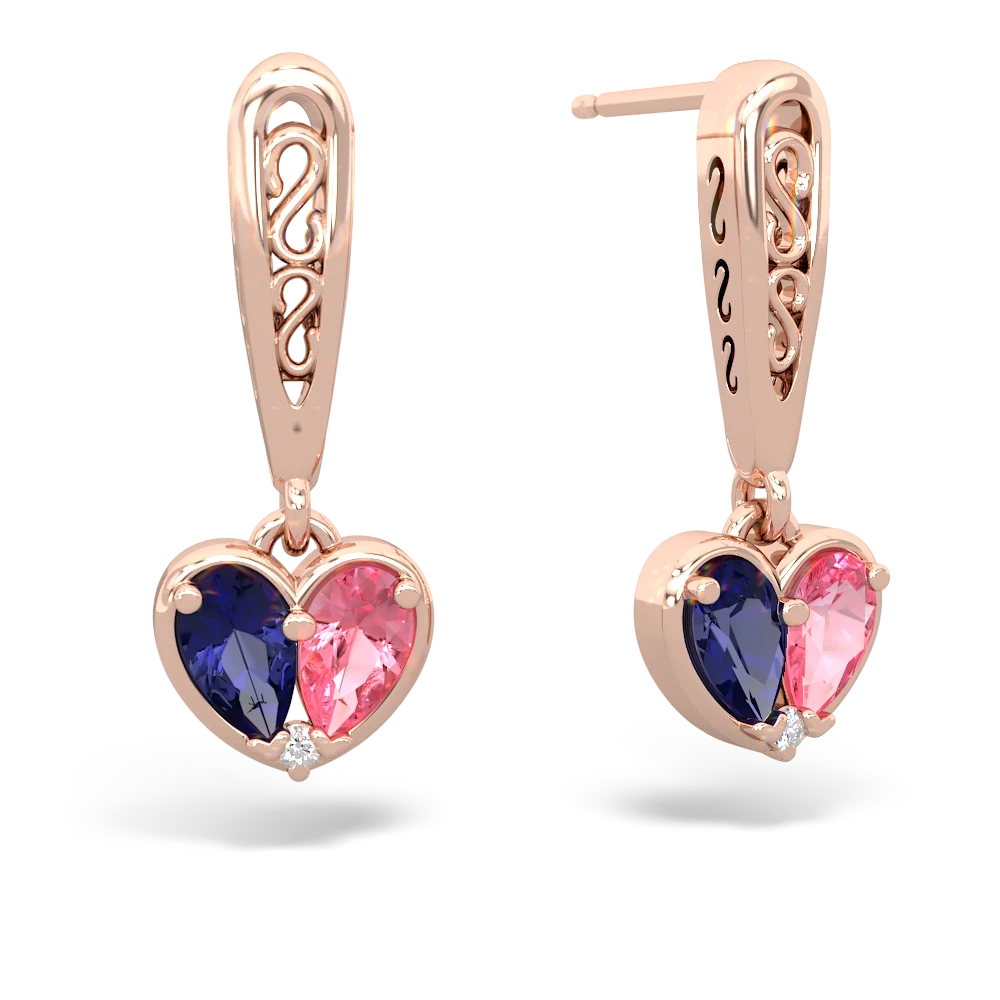 Lab Sapphire Filligree Heart 14K Rose Gold earrings E5070