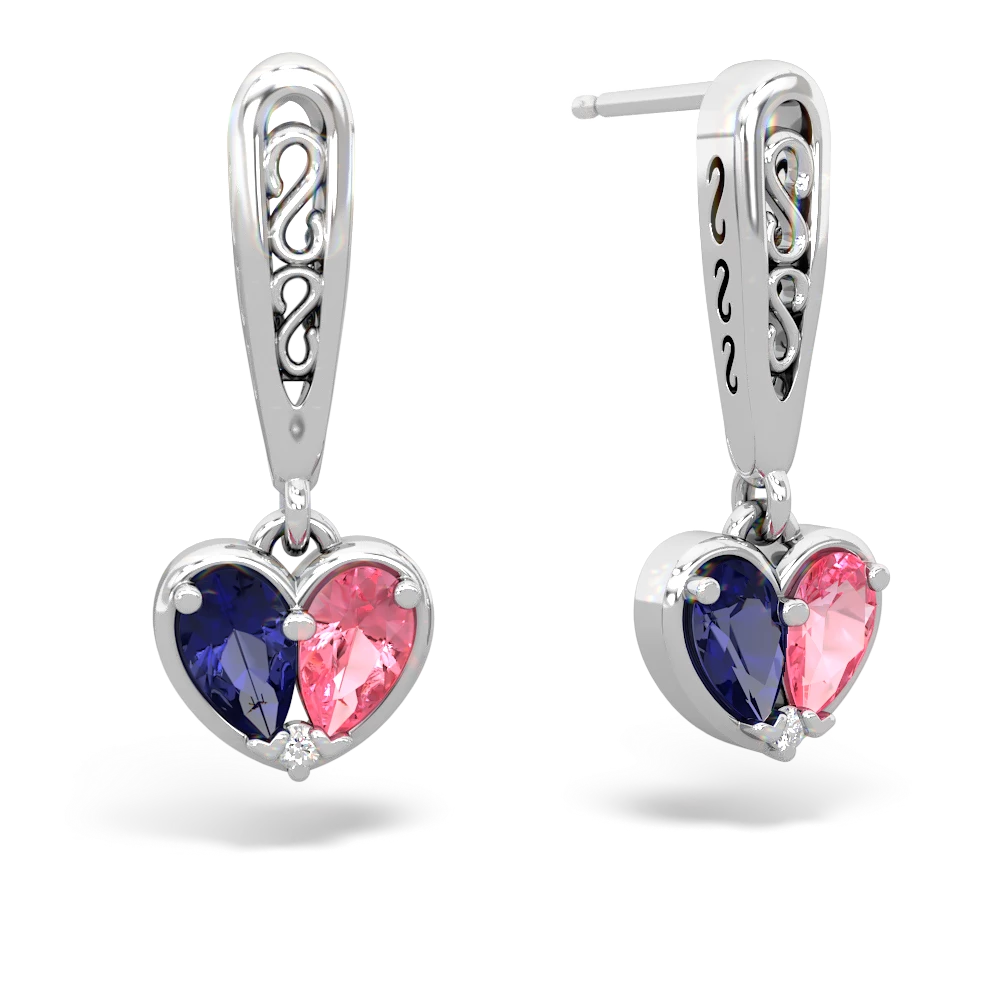 Lab Sapphire Filligree Heart 14K White Gold earrings E5070