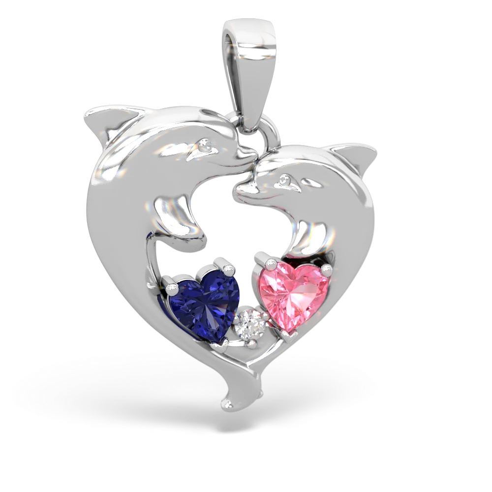 Lab Sapphire Dolphin Heart 14K White Gold pendant P5820
