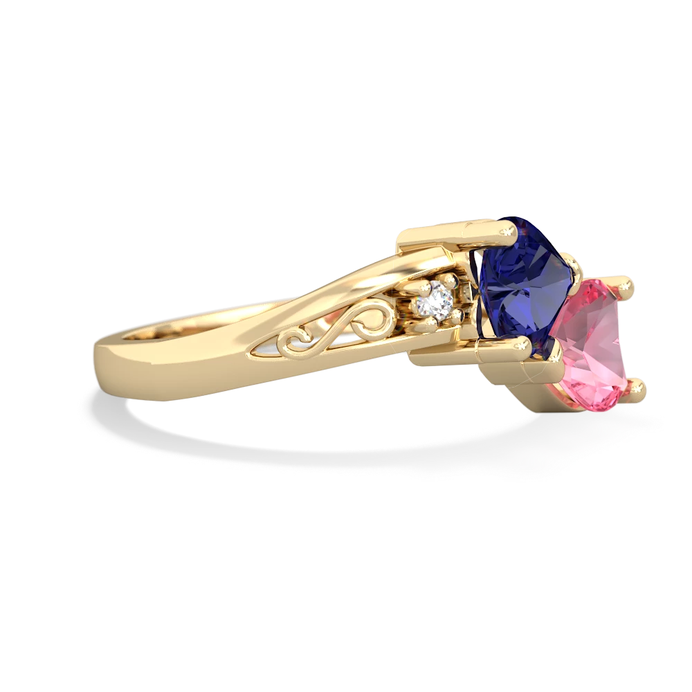 Lab Sapphire Snuggling Hearts 14K Yellow Gold ring R2178