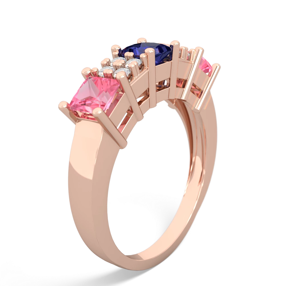 Lab Sapphire Three Stone Diamond Cluster 14K Rose Gold ring R2592