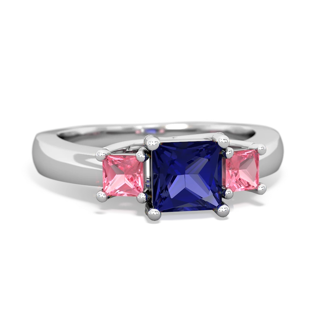 Lab Sapphire Three Stone Trellis 14K White Gold ring R4015