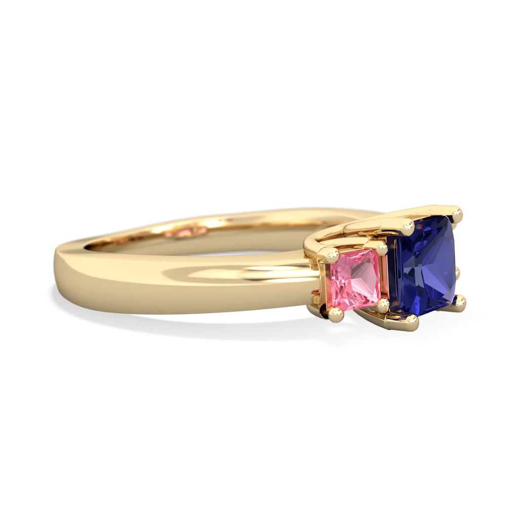 Lab Sapphire Three Stone Trellis 14K Yellow Gold ring R4015