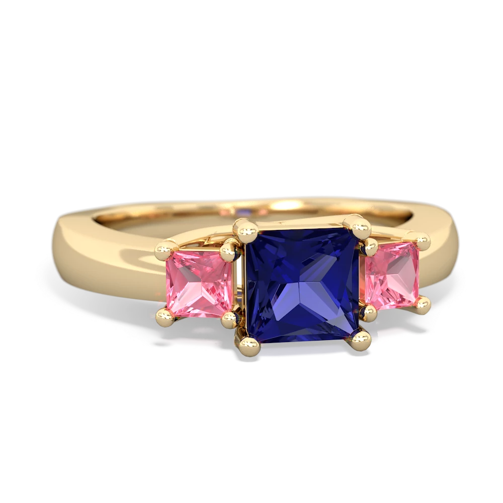 Lab Sapphire Three Stone Trellis 14K Yellow Gold ring R4015