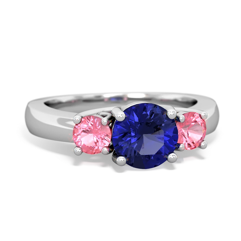 Lab Sapphire Three Stone Round Trellis 14K White Gold ring R4018