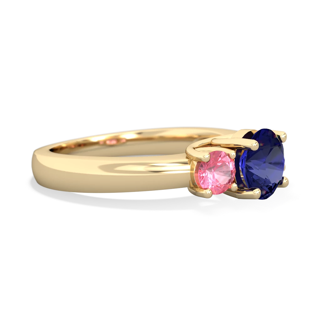 Lab Sapphire Three Stone Round Trellis 14K Yellow Gold ring R4018