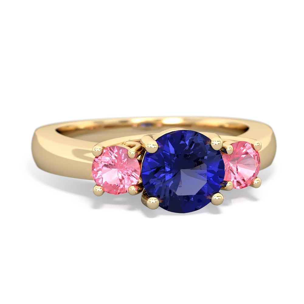 Lab Sapphire Three Stone Round Trellis 14K Yellow Gold ring R4018