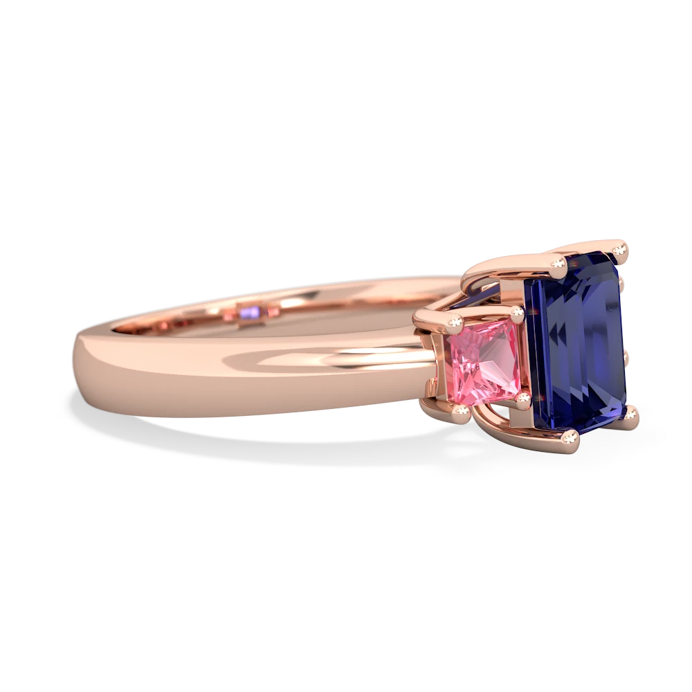 Lab Sapphire Three Stone Emerald-Cut Trellis 14K Rose Gold ring R4021