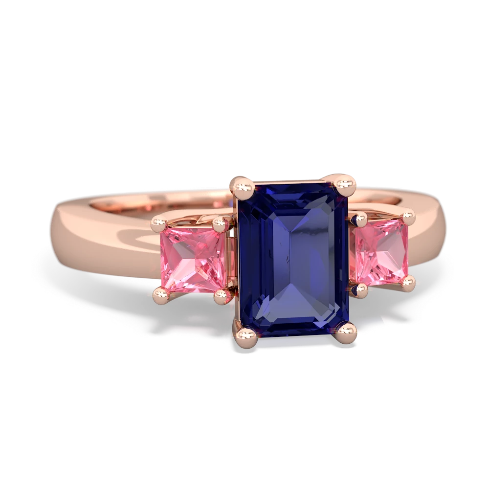 Lab Sapphire Three Stone Emerald-Cut Trellis 14K Rose Gold ring R4021