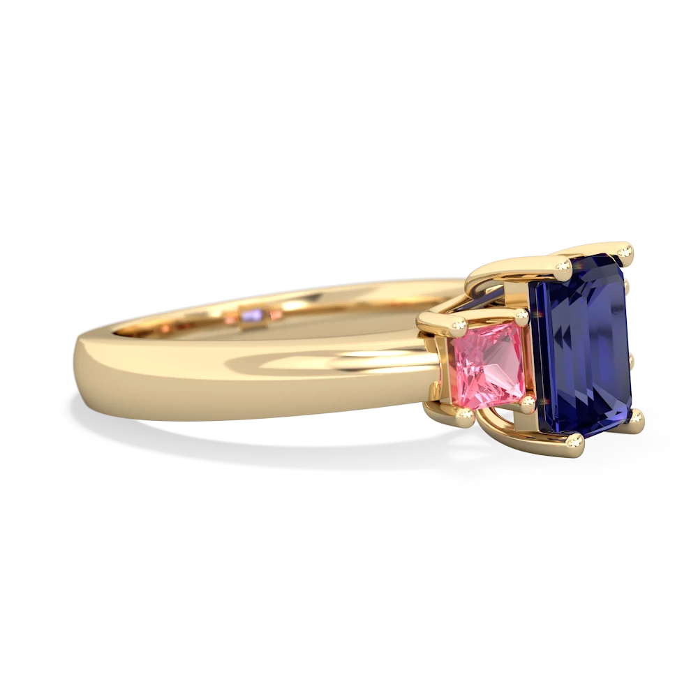 Lab Sapphire Three Stone Emerald-Cut Trellis 14K Yellow Gold ring R4021