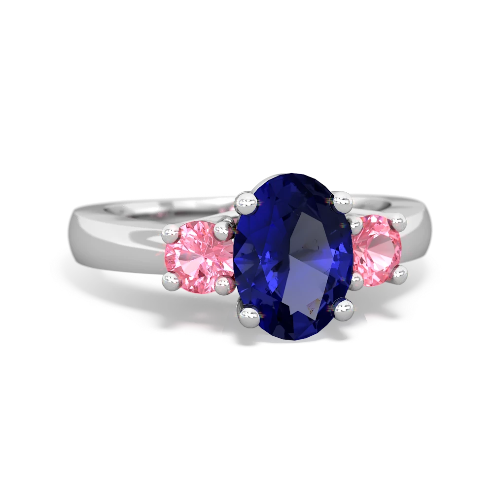 Lab Sapphire Three Stone Oval Trellis 14K White Gold ring R4024