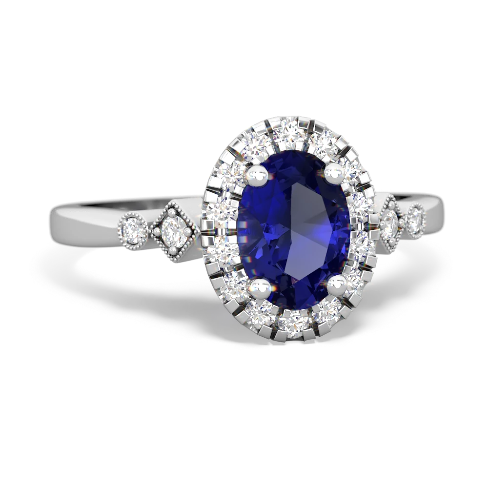 Lab Sapphire Antique-Style Halo 14K White Gold ring R5720