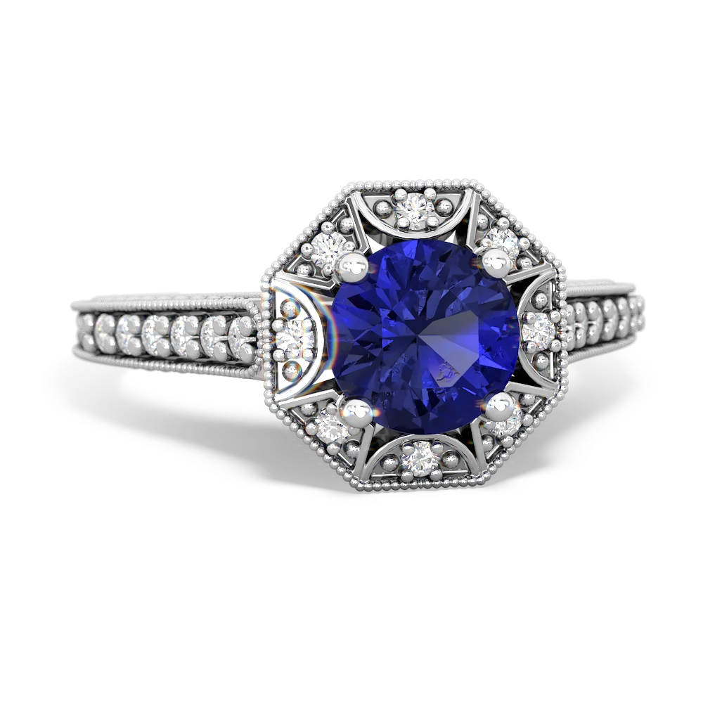 Lab Sapphire Art-Deco Starburst 14K White Gold ring R5520