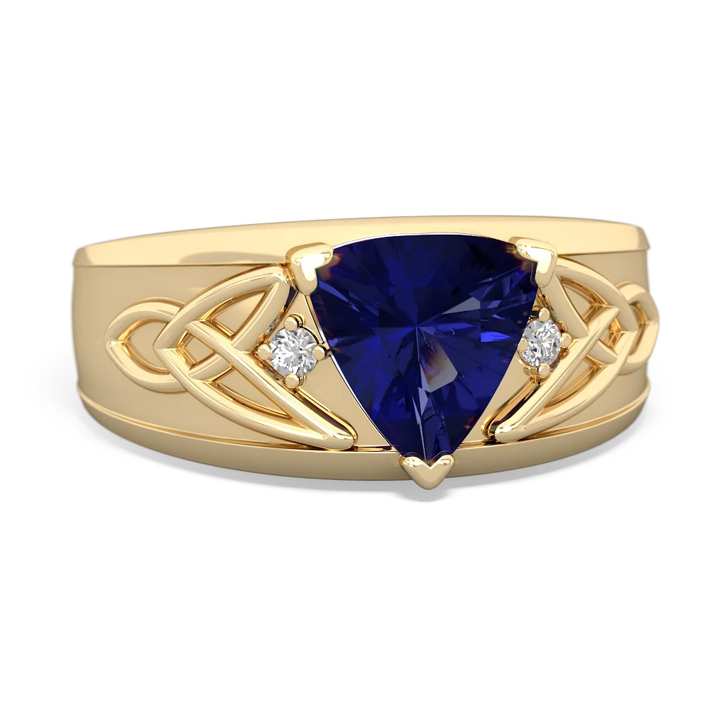 Lab Sapphire Celtic Trinity Knot Men's 14K Yellow Gold ring R0440