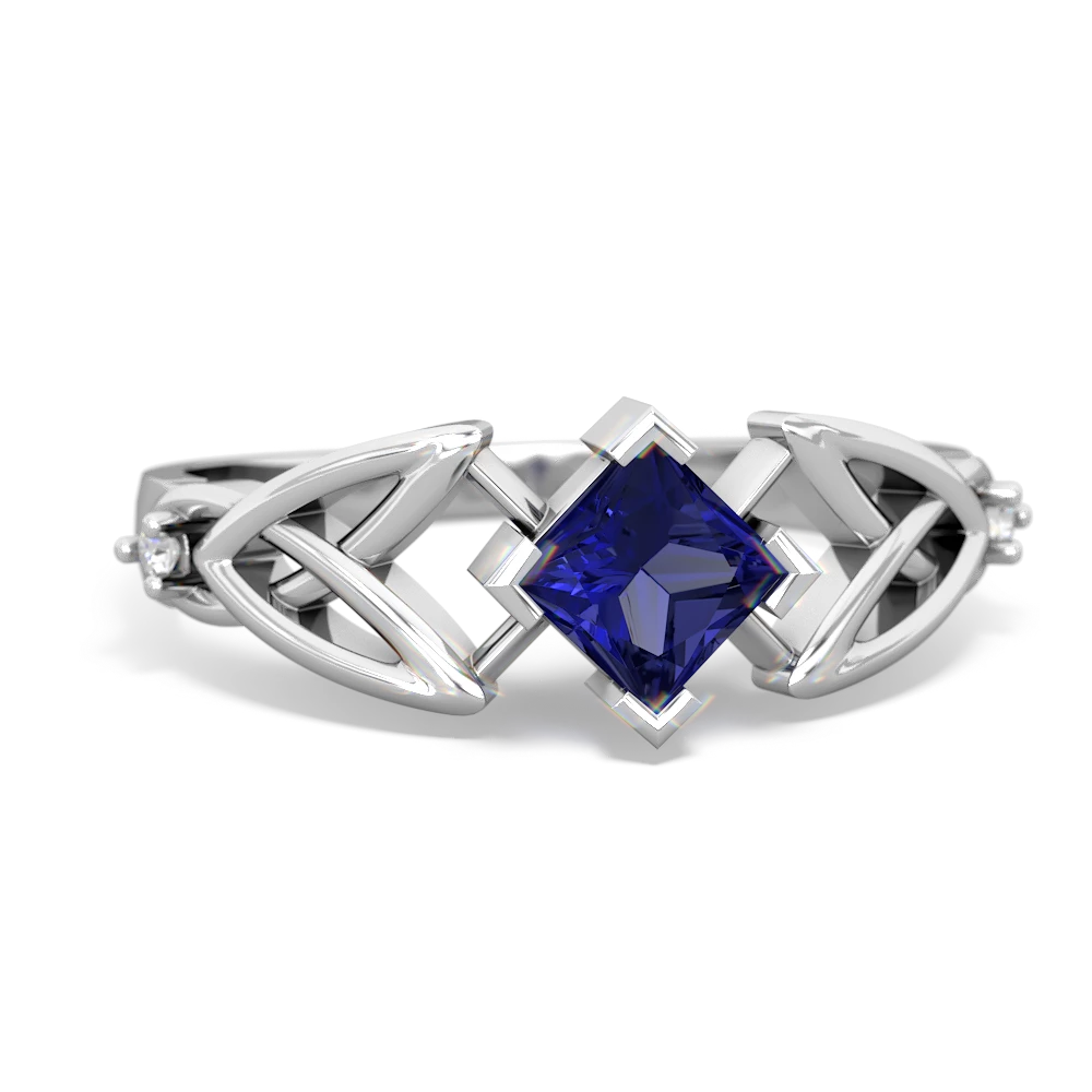 Lab Sapphire Celtic Knot Princess 14K White Gold ring R3349