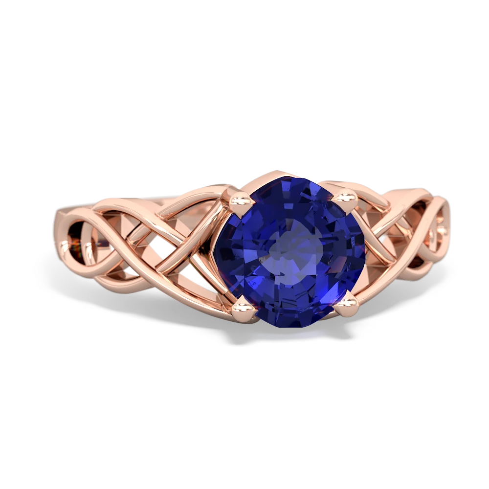 Lab Sapphire Checkerboard Cushion Celtic Knot 14K Rose Gold ring R5000