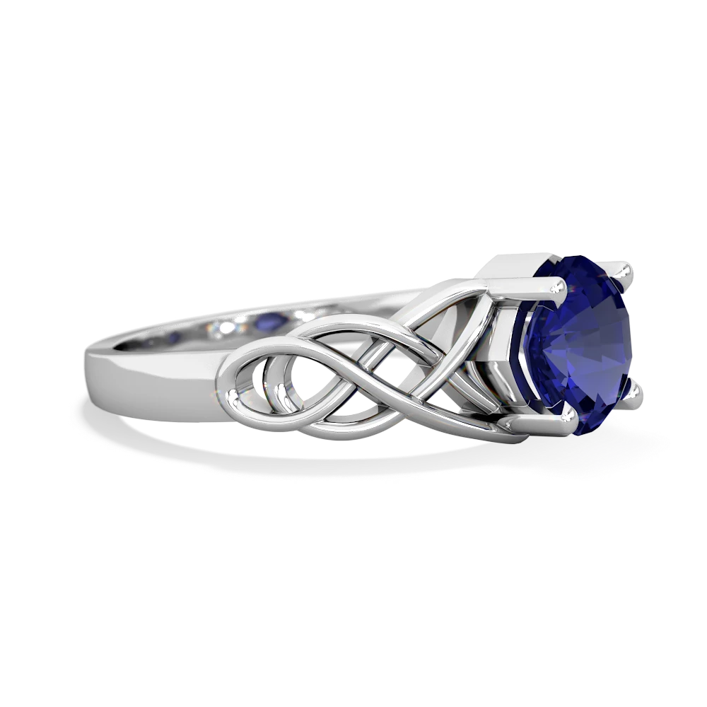 Lab Sapphire Checkerboard Cushion Celtic Knot 14K White Gold ring R5000