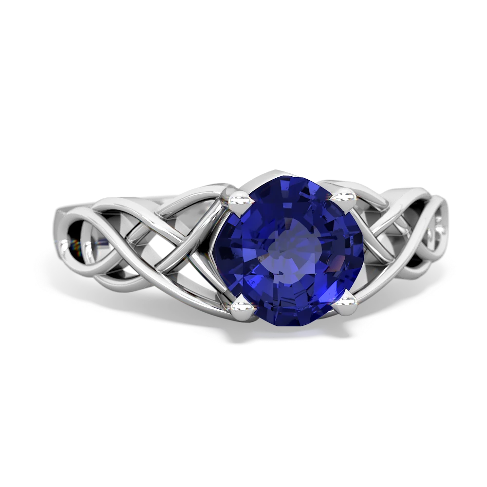 Lab Sapphire Checkerboard Cushion Celtic Knot 14K White Gold ring R5000