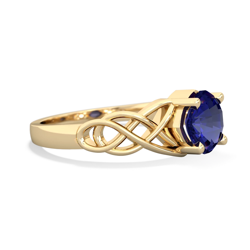 Lab Sapphire Checkerboard Cushion Celtic Knot 14K Yellow Gold ring R5000