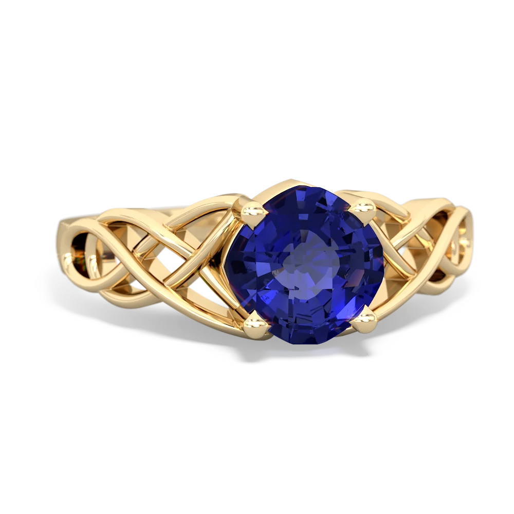 Lab Sapphire Checkerboard Cushion Celtic Knot 14K Yellow Gold ring R5000