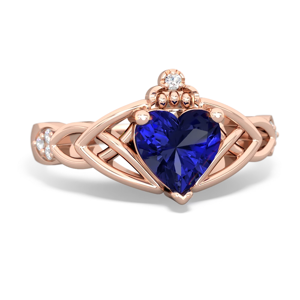 Lab Sapphire Claddagh Celtic Knot Diamond 14K Rose Gold ring R5001