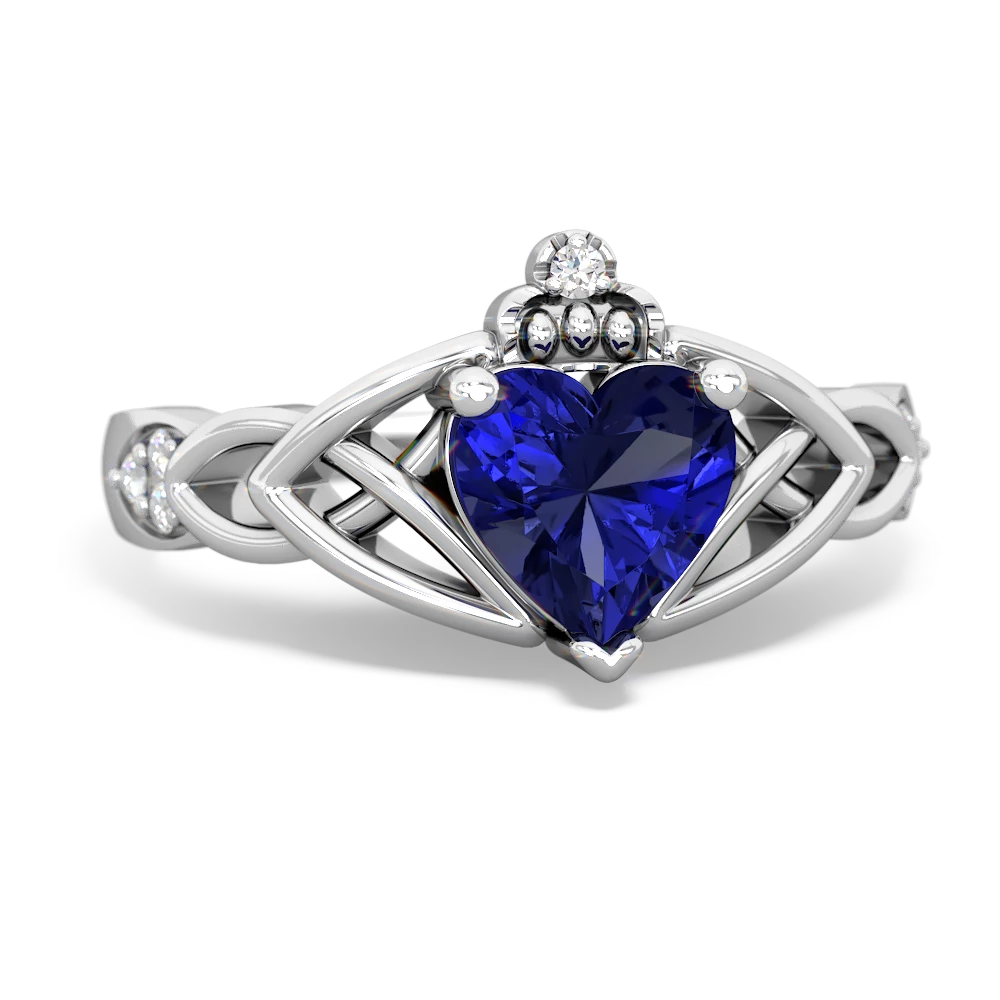 Lab Sapphire Claddagh Celtic Knot Diamond 14K White Gold ring R5001