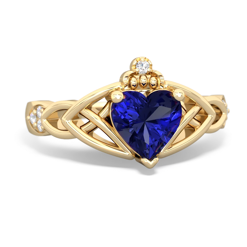 Lab Sapphire Claddagh Celtic Knot Diamond 14K Yellow Gold ring R5001