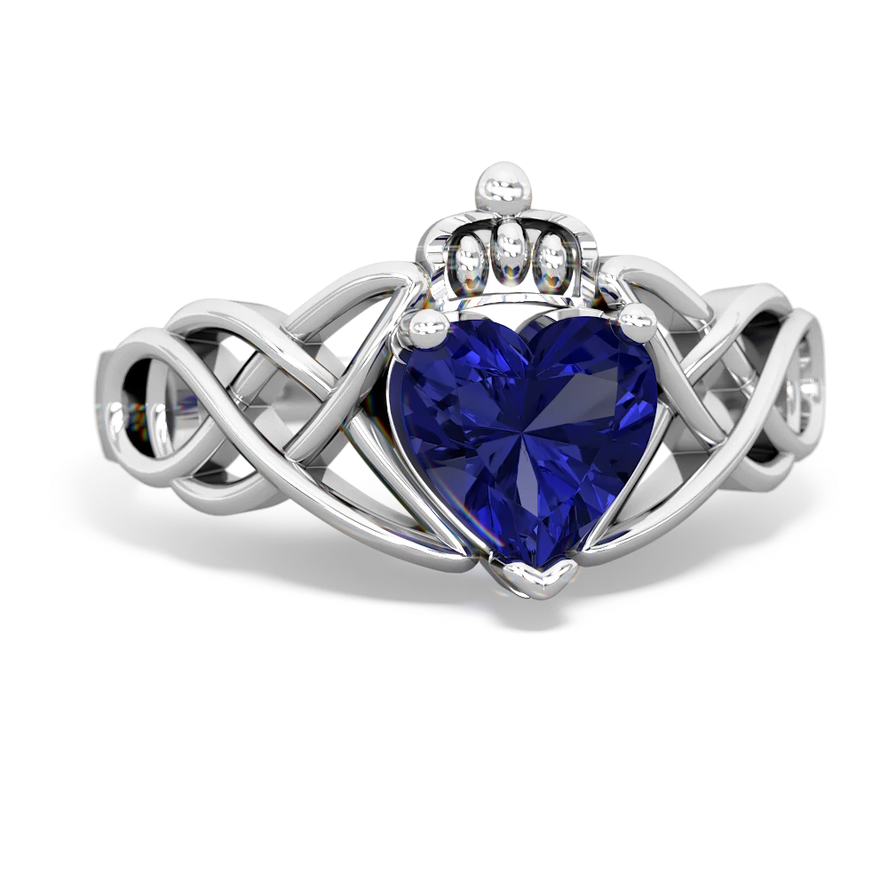 Lab Sapphire Claddagh Celtic Knot 14K White Gold ring R2367