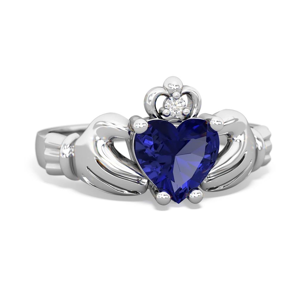 Lab Sapphire Claddagh Diamond Crown 14K White Gold ring R2372