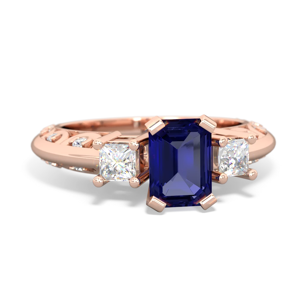Lab Sapphire Art Deco Diamond 7X5 Emerald-Cut Engagement 14K Rose Gold ring R20017EM