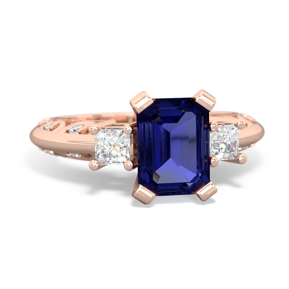 Lab Sapphire Art Deco Diamond 8X6 Emerald-Cut Engagement 14K Rose Gold ring R20018EM