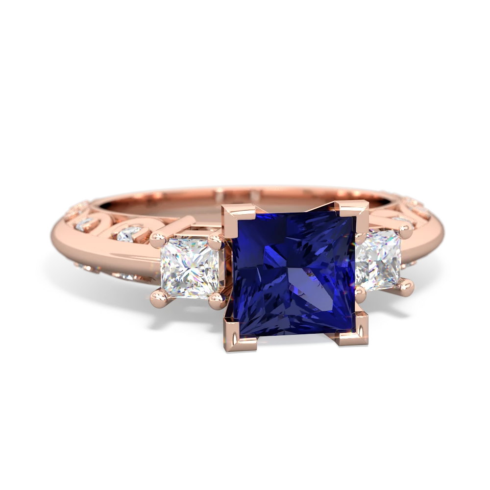 Lab Sapphire Art Deco Diamond Engagement 6Mm Princess 14K Rose Gold ring R2001