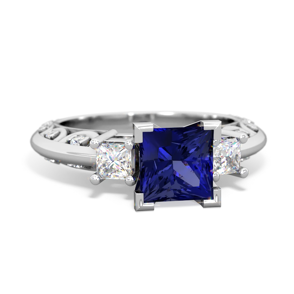 Lab Sapphire Art Deco Diamond Engagement 6Mm Princess 14K White Gold ring R2001