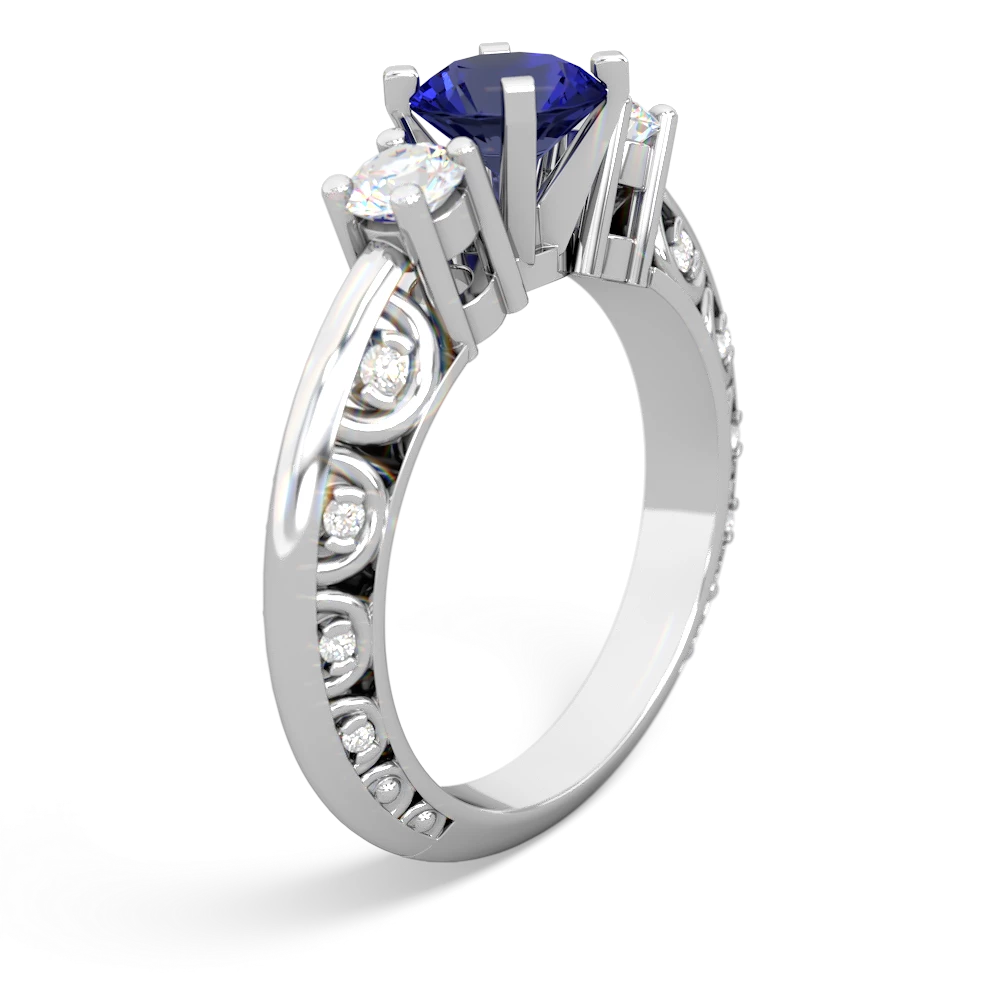 Lab Sapphire Art Deco Diamond 6Mm Round Engagment 14K White Gold ring R2003